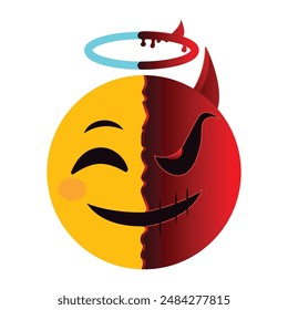 Duality emoticon angel and devil split face emoji. Kawaii cute vector illustration