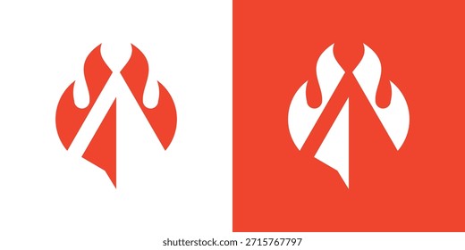 Um logotipo com duplo significado que combina uma chama e uma seta para cima, simbolizando energia, impulso e rápido crescimento em um design ousado e moderno