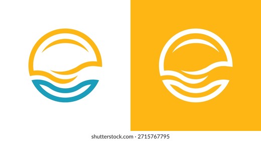 Ein Logo mit zwei Bedeutungen, das Sonne und Welle in einer einheitlichen Form kombiniert und Energie, Gleichgewicht und die Harmonie zwischen Wärme und Bewegung in einem sauberen modernen Stil symbolisiert