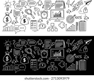 Dual-mode analistic doodle set mistura elementos de negócios desenhados à mão em estilos claros e escuros contrastantes 