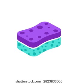 A dual-sided cleaning sponge with vibrant purple and aqua surfaces rendered in a flat isometric style. Perfect for kitchen or bathroom hygiene concepts.