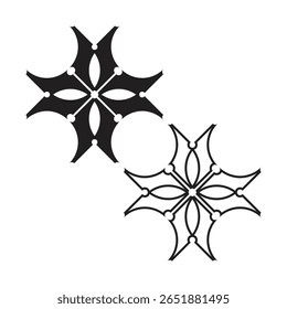 Design de mandala de estilo duplo com elegantes motivos em pétalas e cruz em negrito preenchido e traçado fino para aplicações versáteis.