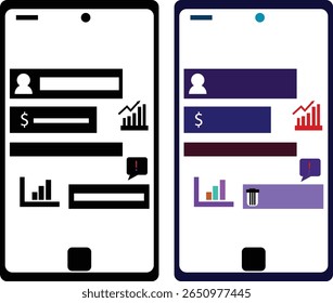 A dual-style mobile UI icon set representing financial app elements. Includes user profile, dollar input, graph, alert message, and chart icons in both flat black and colorful design styles.