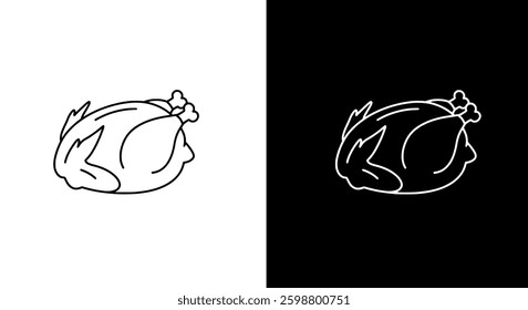 Dual-tone black and white vector roasted turkey icon, ideal for food industry branding, restaurant advertising, holiday meal illustrations, and festive menu design for Thanksgiving