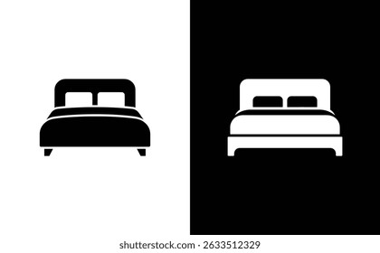 A dual-tone image features a bed icon, contrasted in black and white. Each side mirrors the bed design against opposing backgrounds.