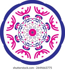 Dual-Tone Mandala with Bold Border.A striking dual-tone mandala featuring magenta and navy colors with a bold circular border for extra visual impact.