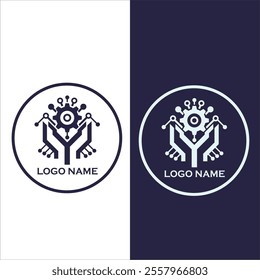 A dual-tone, modern tech-themed logo design featuring a symmetrical illustration of hands supporting a gear with circuit connections, symbolizing innovation, technology, and support.