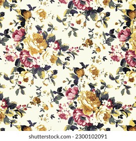 dual-tone solid abstract roses and small flower with multicolor leaves pattern, all over vector design with bright background illustration digital image for textile or wrapping paper printing factory