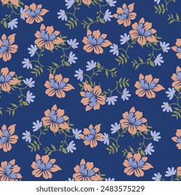 dual-tone solid abstract simple hibiscus flower, all-over vector seamless pattern with blue and yellow tone color illustration textile digital image printing factory
