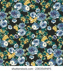 dual-tone a solid abstract small roses and small hibiscus flower with blue and yellow tone color, all over vector design, illustration digital image for textile or wrapping paper print