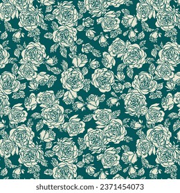 dual-tone solid block natural roses flowers all over pattern with medium white and Tosca color, all-over textile and wrapping paper print vector design illustration digital image printing factory