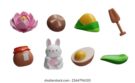 Duan Festival. Vector 3D set with the image of a hare, lotus, rice dumplings and oars. This set contains elements of Chinese culture and traditions.