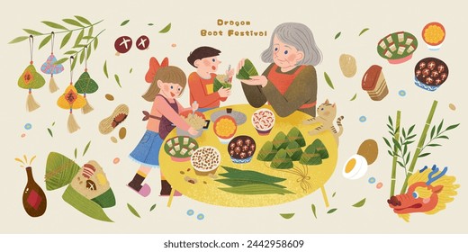 Duanwu elements of people preparing zongzi and food ingredients isolated on beige background.