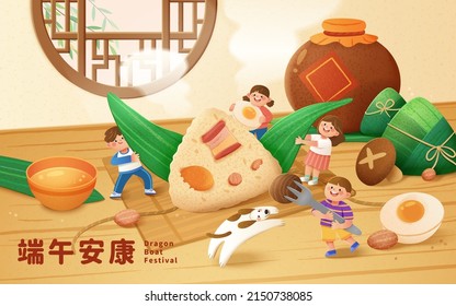Duanwu Festival greeting card design with miniature Asian children playing around large rice dumplings or zongzi at home. Translation: Happy Dragon Boat Festival