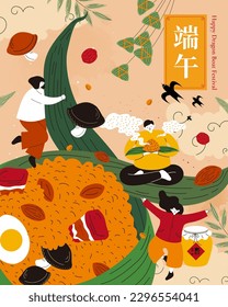 Duanwu holiday poster. Miniature people and zongzi floating on beige sky background, a bunch of little rice dumplings swaying in the breeze in the back. Text:Dragon Boat Festival. Wine.