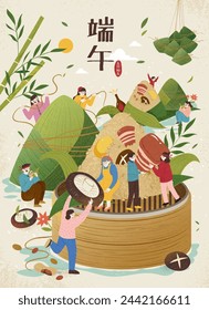 Duanwu holiday poster. Miniature people on giant zongzi mountain. Text: Dragon Boat Festival. May 5th