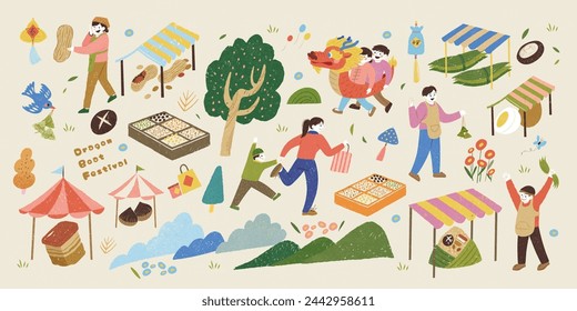 Duanwu outdoor market elements of people and stalls isolated on beige background