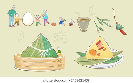 Duanwu people, festive decors and zongzi elements isolated on beige background.