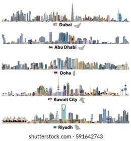 Dubai, Abu Dhabi, Doha, Riyadh and Kuwait city skylines vector illustrations. Flags and maps of United Arab Emirates, Qatar, Kuwait and Saudi Arabia