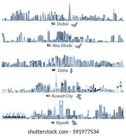 Dubai, Abu Dhabi, Doha, Riyadh and Kuwait city skylines in tints of blue color palette vector illustrations.