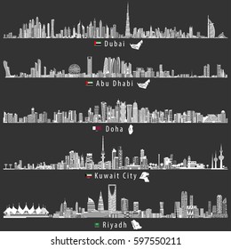 Dubai, Abu Dhabi, Doha, Riyadh and Kuwait city skylines at night in black and white color palette vector illustrations