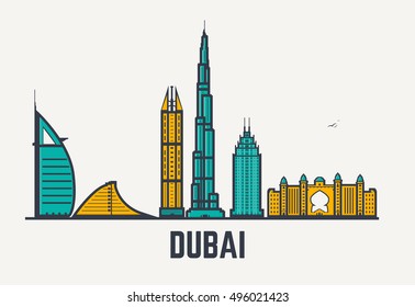 Dubai architecture skyline silhouette. Line pixel style art. Dubai famous buildings and hotels.