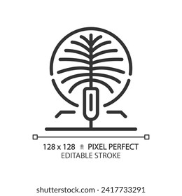 Dubai artificial palm-shaped island linear icon. Luxury five star hotel. World class resort. Romantic travel. Thin line illustration. Contour symbol. Vector outline drawing. Editable stroke