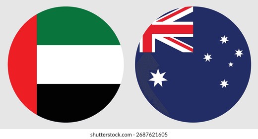 Bandeira nacional circular de Dubai e Austrália sobre fundo cinza, bandeira plana redonda Projeto vetorial e ilustração digital 