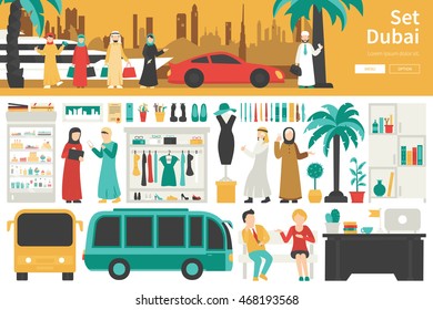 Dubai Big Collection in flat design concept. Furniture and People Set Interior Elements
