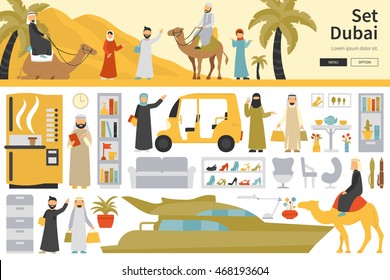 Dubai Big Collection in flat design concept. Furniture and People Set Interior Elements