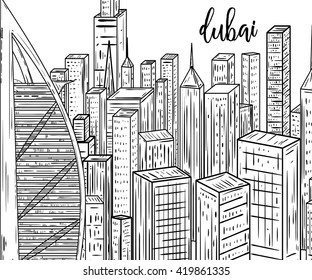 Dubai. Black and white cityscape in line art style. Vintage vector illustration
