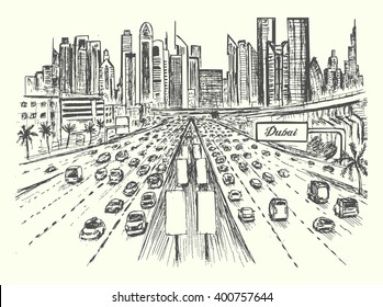 Dubai busy highway scene with cityscape panorama on background,hand drawn,sketch style,isolated,vector,illustration.