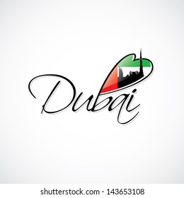 Dubai caption with flag and skyline of the City - vector illustration