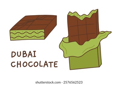 Dubai chocolate bar doodle set. Milk chocolate with pistachio filling and kataifi dough. Template for banner, packaging, postcard, website. Hand drawn illustration isolated on white background.