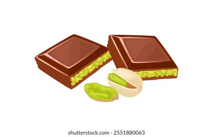 Barra de chocolate de Dubai com kadayif verde e pistaches isolados. 
Ilustração plana em desenho animado de vetor. Ícone Sweets.