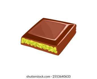 Dubai chocolate bar with green kadayif isolated on white background. Vector icon. Piece of sweet chocolate bar. Simple flat illustration.	