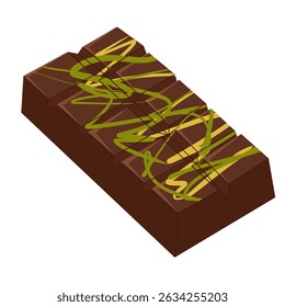 Dubai chocolate bar with pistachio and dark chocolate. Cartoon vector sweets hand drawn illustration. For product packaging, dessert menu, stickers, promo design, food visuals, branding