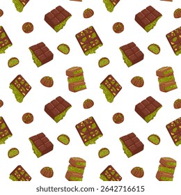 Dubai chocolate bar with pistachio nuts topping seamless pattern. Vector cartoon hand drawn illustration of sweet trendy dessert for packaging, textile, wrapping, menu background isolated on white