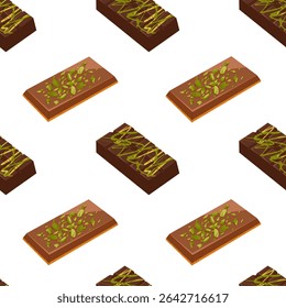 Dubai chocolate bar with pistachio nuts topping seamless pattern. Vector cartoon hand drawn illustration of sweet trendy dessert for packaging, textile, wrapping, menu background isolated on white