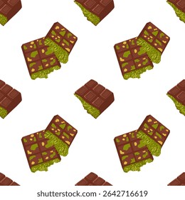 Dubai chocolate bar with pistachio nuts topping seamless pattern. Vector cartoon hand drawn illustration of sweet trendy dessert for packaging, textile, wrapping, menu background isolated on white