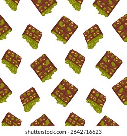 Dubai chocolate bar with pistachio nuts topping seamless pattern. Vector cartoon hand drawn illustration of sweet brocken dessert for packaging, textile, wrapping, menu background isolated on white