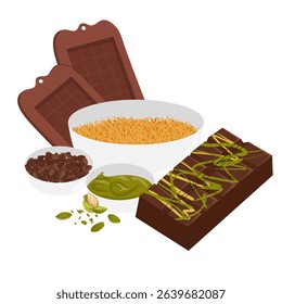 Dubai chocolate bars with pistachio paste, nuts, kataifi dough and chocolate molds. Hand drawn set of ingredients for confectionery packaging, menu, catalog spreads, product cards