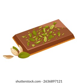 Dubai chocolate candy bar with pistachio paste and kataifi dough. Hand drawn vector sweets with milk chocolate and pistachio nut kernel for confectionery packaging, menu, catalog spreads, product card