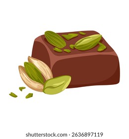 Dubai chocolate candy with pistachio paste and kataifi dough. Hand drawn vector sweets with dark chocolate and pistachio nut kernel for confectionery packaging, menu, catalog spreads, product cards