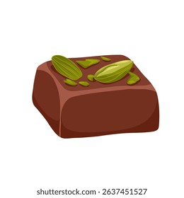 Dubai chocolate candy with pistachio paste and kataifi dough. Hand drawn vector sweets with dark chocolate and pistachio nut kernel for confectionery packaging, menu, catalog spreads, product cards