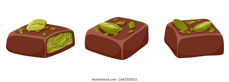 Dubai chocolate candy with pistachio paste set. Hand drawn vector sweets with dark chocolate and pistachio nut kernel for confectionery packaging, menu, catalog spreads, product cards