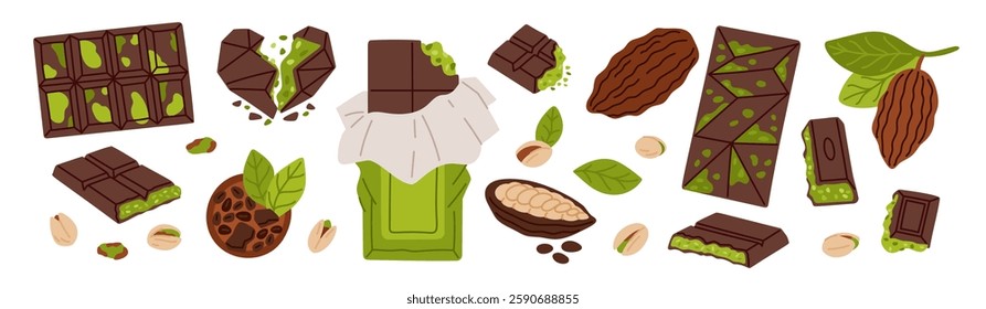 Dubai chocolate. Oriental sweetness, cocoa dessert with pistachio and kataifi filling, delicious exotic product, candies, handmade confectionery cartoon flat isolated garish vector set