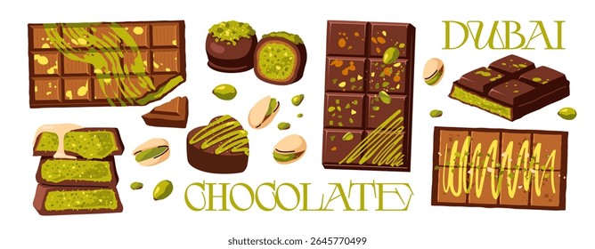 Dubai chocolate with pistachio and kataifi dough. Set of stickers with milk and white chocolate bars and candies with pistachio paste filling. Cartoon vector illustration isolated on background
