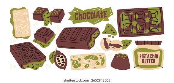 Adesivos de chocolate de Dubai em estilo retrô de desenhos animados. Doces árabes: barras de creme de nozes de pistache, chocolate de massa kataifi, pasta de pistache, sobremesas de luxo do Oriente Médio. 