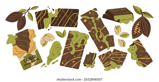Adesivos de chocolate de Dubai em estilo retrô de desenhos animados. Doces árabes: barras de creme de nozes de pistache, chocolate de massa kataifi, pasta de pistache, sobremesas de luxo do Oriente Médio. 